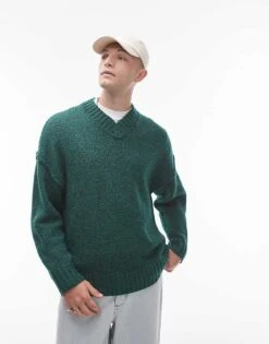 Topman Oversized V Neck Jumper In Green With Exposed Seam For Men -Daily Wardrobe Shop 206571919 3