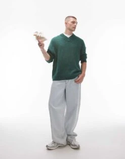 Topman Oversized V Neck Jumper In Green With Exposed Seam For Men -Daily Wardrobe Shop 206571919 4