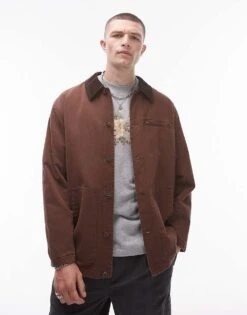 Topman Wadded Worker Jacket In Brown With Contrast Collar For Men