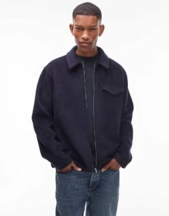 Topman Wool Look Shacket In Navy For Men