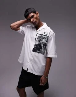 Topman Short Sleeve Relaxed Floral Print Placement Shirt In White For Men -Daily Wardrobe Shop 206582119 2