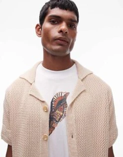 Topman Crochet Panelled Polo In Beige For Men