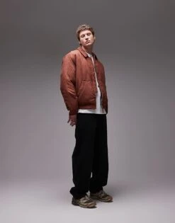 Topman Relaxed Fit Cord Bomber Jacket In Rust For Men