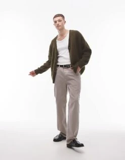 Topman Relaxed Fit Brushed Cardigan In Khaki For Men -Daily Wardrobe Shop 206630414 1 khaki 1