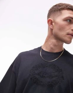 Topman Premium Extreme Oversized Fit T-shirt With Hand Shake Embroidery In Washed Black For Men -Daily Wardrobe Shop 206633754 4