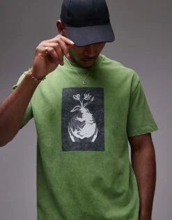 Topman Oversized Fit T-shirt With Face Pot Print In Washed Green For Men Khaki