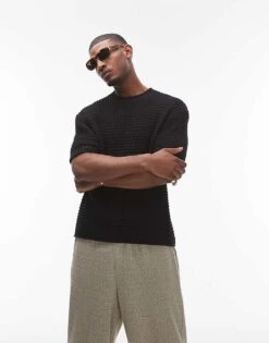 Topman Crochet Knit T-shirt In Black For Men -Daily Wardrobe Shop 206651405 1 black 1