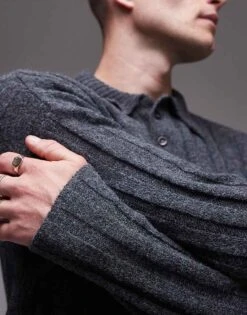 Topman Relaxed Fit Rib Polo Jumper In Charcoal For Men -Daily Wardrobe Shop 206656211 2