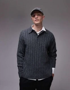 Topman Relaxed Fit Rib Polo Jumper In Charcoal For Men -Daily Wardrobe Shop 206656211 3