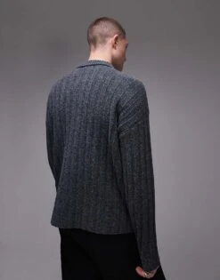 Topman Relaxed Fit Rib Polo Jumper In Charcoal For Men -Daily Wardrobe Shop 206656211 4