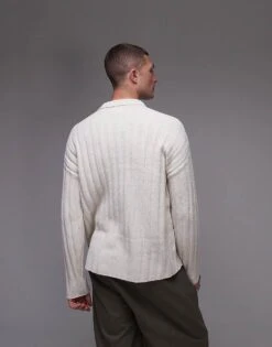 Topman Relaxed Fit Rib Polo Jumper In Ecru For Men -Daily Wardrobe Shop 206656219 2