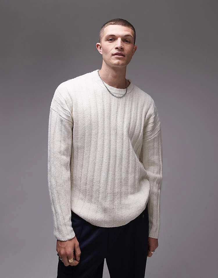Topman Relaxed Fit Rib Jumper In Ecru For Men 6 Topman Relaxed Fit Rib Jumper In Ecru For Men - Image 4