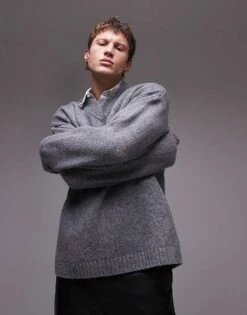 Topman Premium Relaxed Lambswool V Neck Jumper For Men Grey