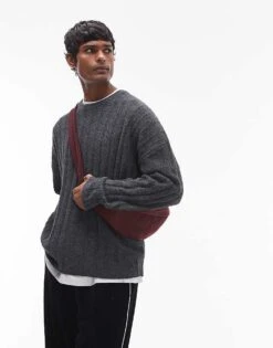 Topman Relaxed Fit Rib Jumper In Charcoal For Men -Daily Wardrobe Shop 206656251 2