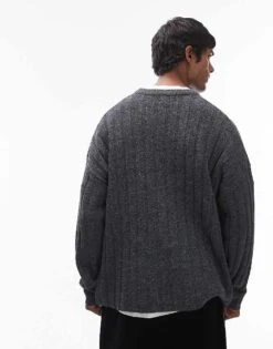 Topman Relaxed Fit Rib Jumper In Charcoal For Men -Daily Wardrobe Shop 206656251 3