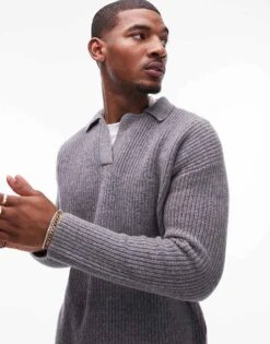 Topman Premium Relaxed Fit Lambswool Open Collar Jumper In Grey For Men -Daily Wardrobe Shop 206656259 1 grey 1