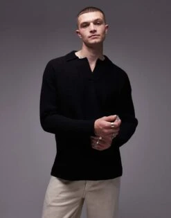Topman Premium Relaxed Fit Lambswool Open Collar Jumper In Black For Men