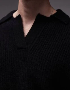 Topman Premium Relaxed Fit Lambswool Open Collar Jumper In Black For Men -Daily Wardrobe Shop 206656267 3