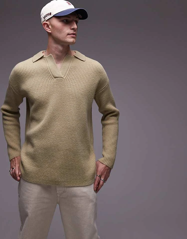Topman Premium Relaxed Fit Lambswool Open Collar Jumper In Khaki For Men 7 Topman Premium Relaxed Fit Lambswool Open Collar Jumper In Khaki For Men - Image 5