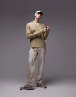 Topman Premium Relaxed Fit Lambswool Open Collar Jumper In Khaki For Men 10 Topman Premium Relaxed Fit Lambswool Open Collar Jumper In Khaki For Men -Daily Wardrobe Shop 206656275 4
