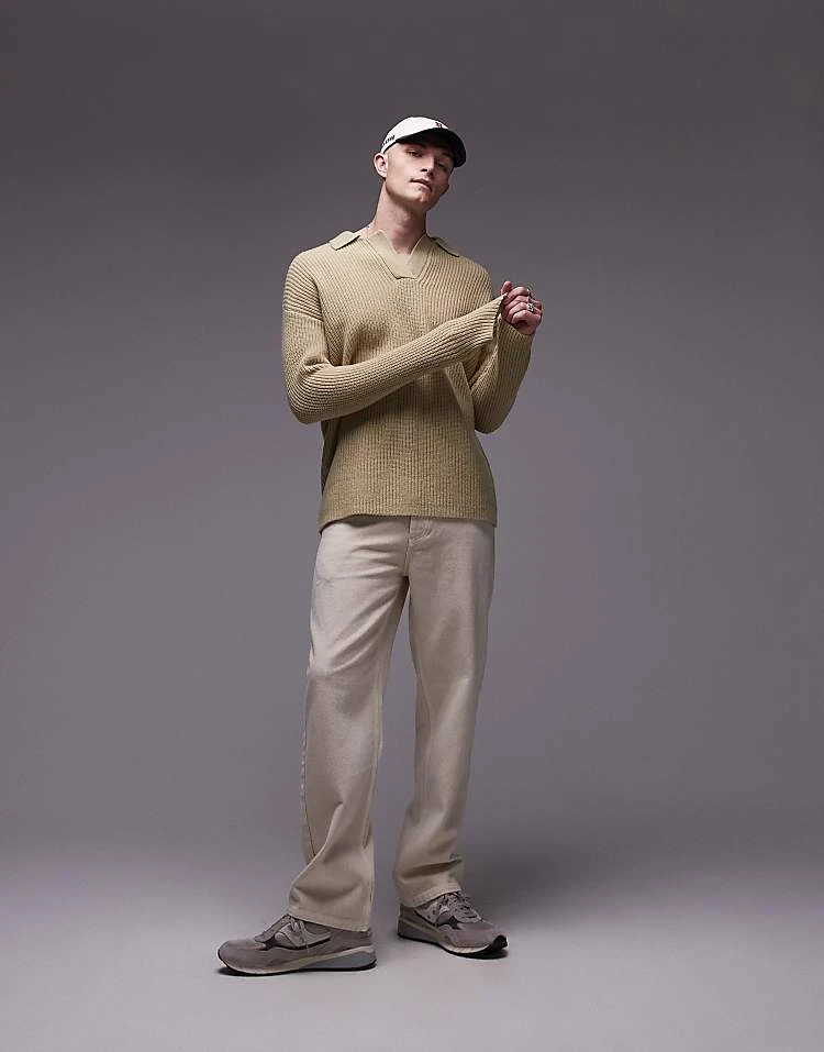 Topman Premium Relaxed Fit Lambswool Open Collar Jumper In Khaki For Men 6 Topman Premium Relaxed Fit Lambswool Open Collar Jumper In Khaki For Men - Image 4