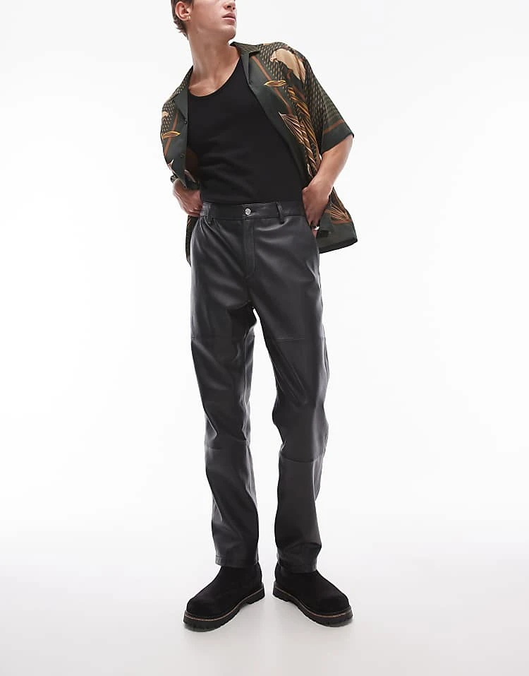 Topman Premium Straight Leather Trousers In Black For Men 4 Topman Premium Straight Leather Trousers In Black For Men - Image 2