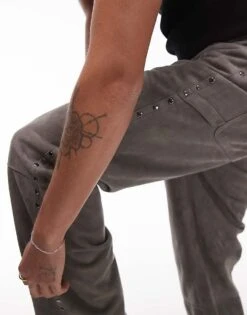 Topman Premium Straight Studded Suede Trousers In Grey For Men -Daily Wardrobe Shop 206676885 2