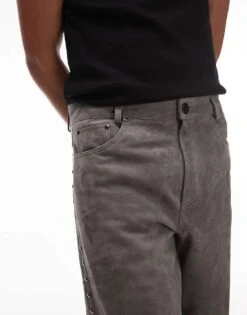 Topman Premium Straight Studded Suede Trousers In Grey For Men -Daily Wardrobe Shop 206676885 5