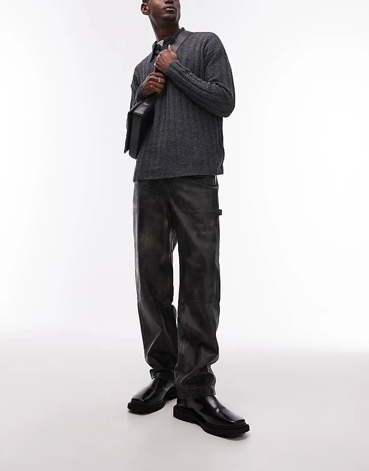 Topman Premium Straight Distressed Leather Trousers In Black For Men 8 Topman Premium Straight Distressed Leather Trousers In Black For Men - Image 6