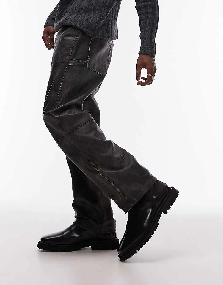 Topman Premium Straight Distressed Leather Trousers In Black For Men 4 Topman Premium Straight Distressed Leather Trousers In Black For Men - Image 2
