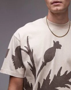 Topman Premium Oversized Fit T-shirt With Thistle Front And Back Print In Washed Stone For Men -Daily Wardrobe Shop 206698840 3