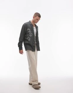 Topman Long Sleeve Embroidered Front Shirt In Teal For Men -Daily Wardrobe Shop 206709626 1 teal 1