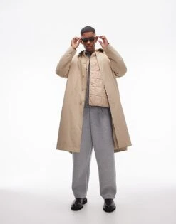 Topman Oversized Mac With Removeable Lining In Stone For Men