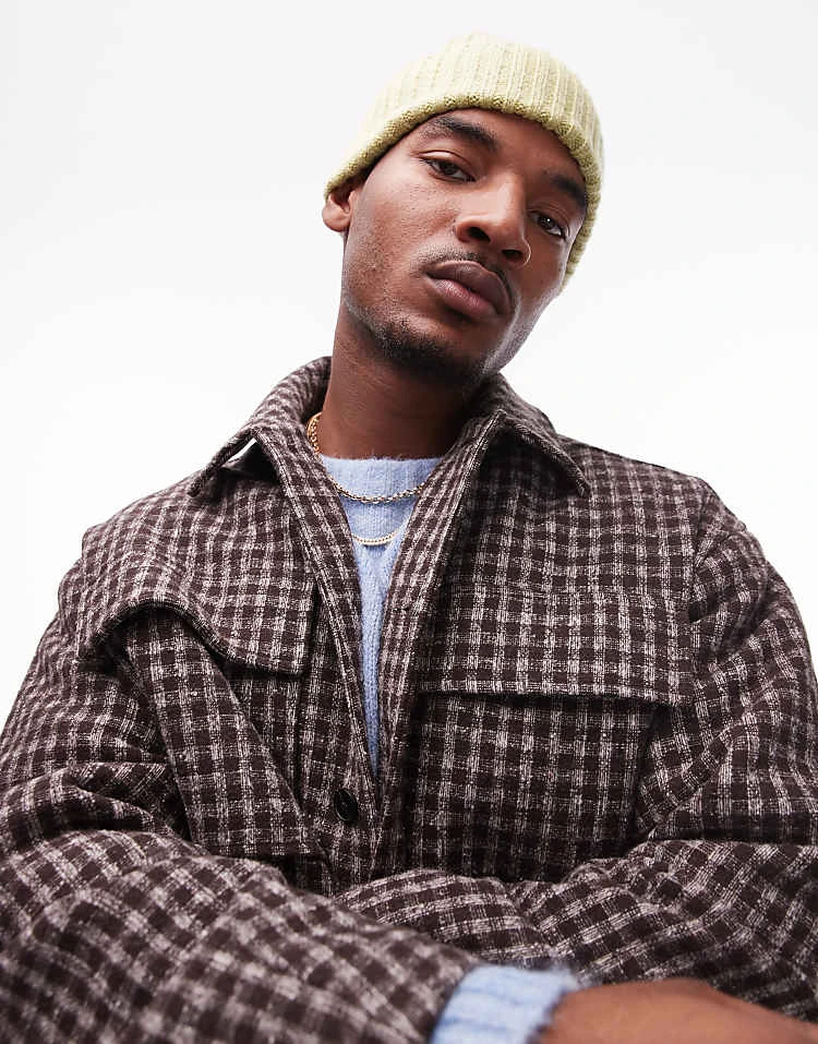 Topman Check Overshirt In Brown Check For Men 4 Topman Check Overshirt In Brown Check For Men - Image 2