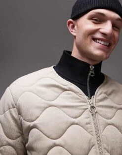 Topman Quilted Bomber Jacket In Putty For Men -Daily Wardrobe Shop 206712735 3
