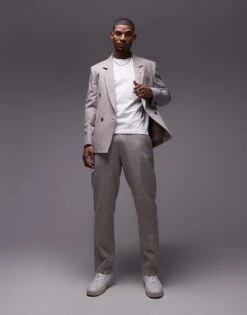 Topman Straight Fit Textured Suit Trousers In Stone For Men