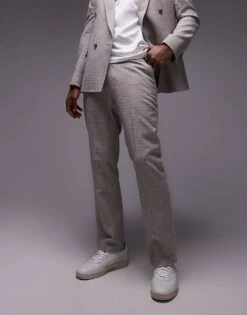 Topman Straight Fit Textured Suit Trousers In Stone For Men -Daily Wardrobe Shop 206713714 4