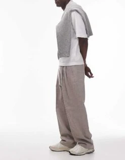 Topman Wide Leg Texture Suit Trousers In Stone For Men -Daily Wardrobe Shop 206713730 5