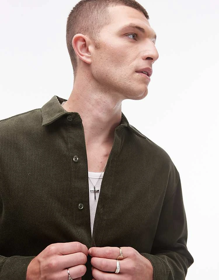 Topman Mini Cord Oversized Shirt In Khaki For Men Green 4 Topman Mini Cord Oversized Shirt In Khaki For Men Green - Image 2