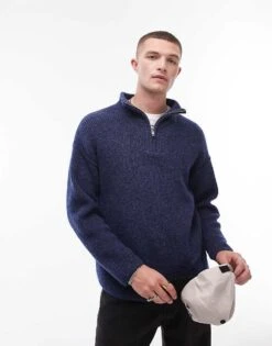 Topman Oversized 1/4 Zip Jumper In Navy For Men