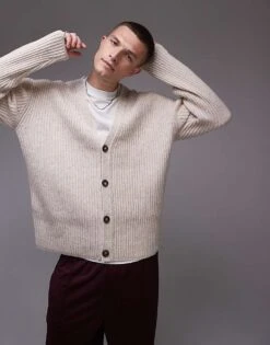 Topman Premium Lambswool Ribbed Cardigan In Stone For Men Beige