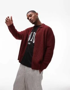Topman Textured Zip Through Collared Cardigan In Red For Men Burgundy