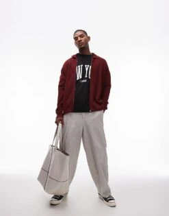 Topman Textured Zip Through Collared Cardigan In Red For Men Burgundy -Daily Wardrobe Shop 206718604 3