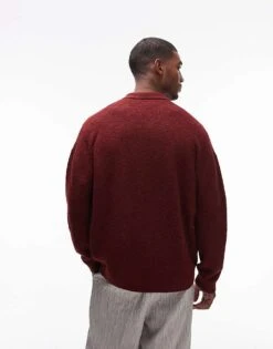 Topman Textured Zip Through Collared Cardigan In Red For Men Burgundy -Daily Wardrobe Shop 206718604 4