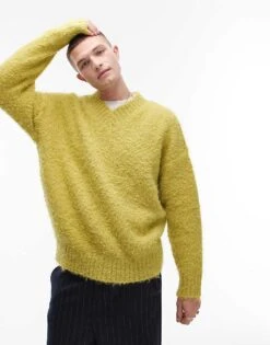 Topman Fluffy V Neck Jumper In Green For Men -Daily Wardrobe Shop 206718612 1 green 1