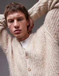 Topman Relaxed Fit Fluffy Cardigan In Ecru For Men -Daily Wardrobe Shop 206718644 3