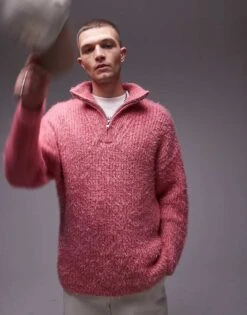 Topman Fluffy Knitted 1/4 Zip In Pink For Men -Daily Wardrobe Shop 206718660 1 pink 1