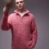 Topman Fluffy Knitted 1/4 Zip In Pink For Men -Daily Wardrobe Shop 206718660 1 pink