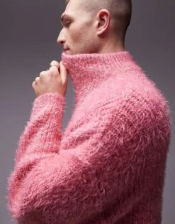 Topman Fluffy Knitted 1/4 Zip In Pink For Men -Daily Wardrobe Shop 206718660 3