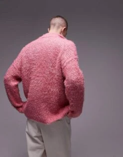 Topman Fluffy Knitted 1/4 Zip In Pink For Men -Daily Wardrobe Shop 206718660 4